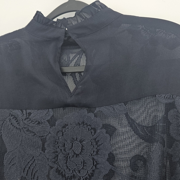 See By Chloe Navy Blue Lace High Neck Long Sleeve Ruffled Blouse - Picture 7 of 11